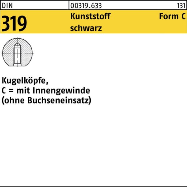 Kugelknopf DIN 319 FormC 40 M10 Ku. sw 10 Stück