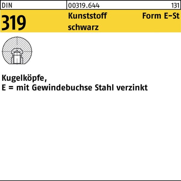 Kugelknopf DIN 319 FormE 20 M5 Ku. sw Stahlbuchse 25 Stück
