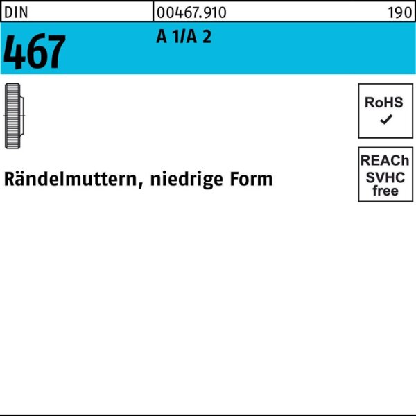 Rändelmutter DIN 467 niedrige FormM10 A 1/A 2 10 Stück