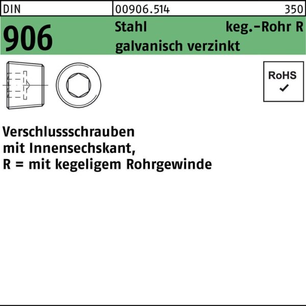 Verschlußschraube DIN 906 Innen-6kt R 1/2 Stahl galv.verz. 50Stück