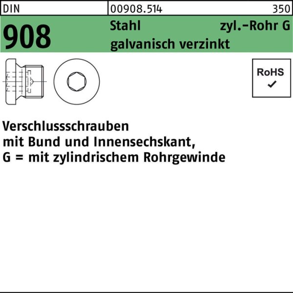 Verschlußschraube DIN 908 Bund/Innen-6kt G 1 A Stahl galv.verz. 25St.
