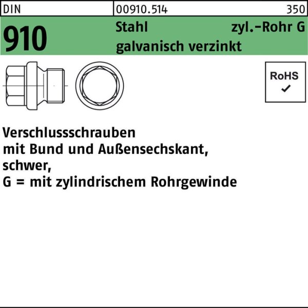 Verschlußschraube DIN 910 Bund/Außen-6-kt G 3/8 A Stahl galv.verz. 50St.