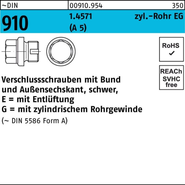 Verschlußschraube DIN 910-2 Bund/Außen-6-kt EG 1 A A5/1.4571 Entlüftung 1St.