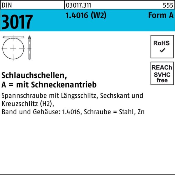 Schlauchschelle DIN 3017 W2 FormA 10- 16/7,5 C6 1.4016 galv.verz. 100St.
