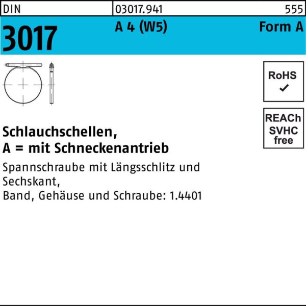 Schlauchschelle DIN 3017 W5 Schneckenantrieb 35- 50/12 C7 A 4 50 Stück