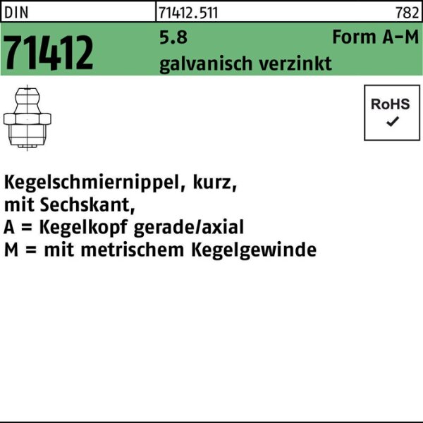 Kegelschmiernippel DIN 71412 FormA-M AM 8x1,25 SW 9 5.8 galv.verz. 100St.
