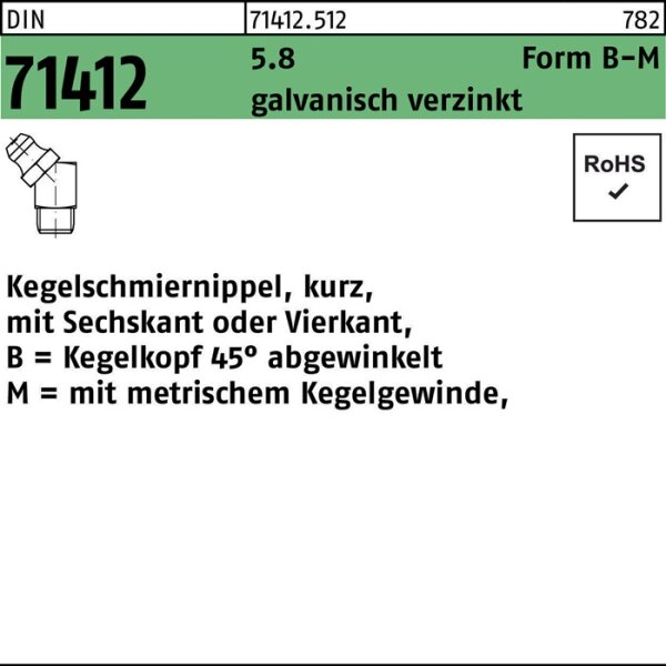 Kegelschmiernippel DIN 71412 FormB-M BM 8x1 SW 9 5.8 galv.verz. 100St.