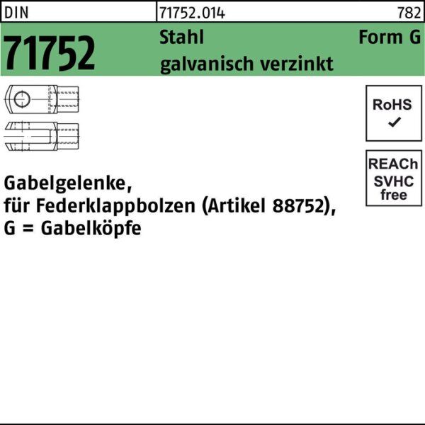Gabelgelenk DIN 71752 f.Federklappbolzen G 16x64 Stahl galv.verz. 5St.