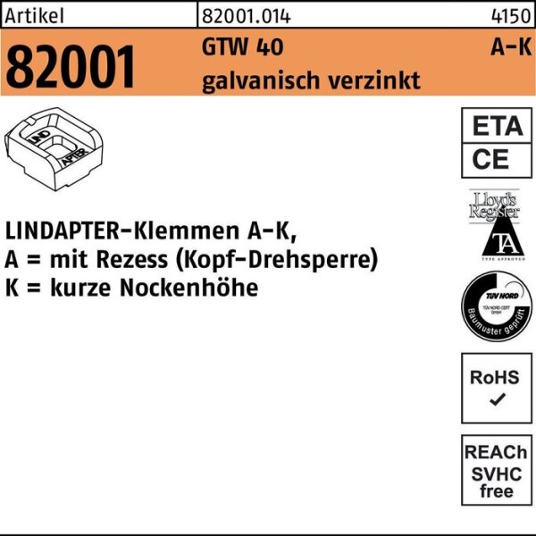 Lindapter Klemmen R 82001 GTW 40 KM 10 / 4,0 galvanisch verzinkt 1 Stück