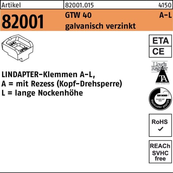 Lindapter Klemmen R 82001 GTW 40 LM 12 / 9,5 galvanisch verzinkt 1 Stück