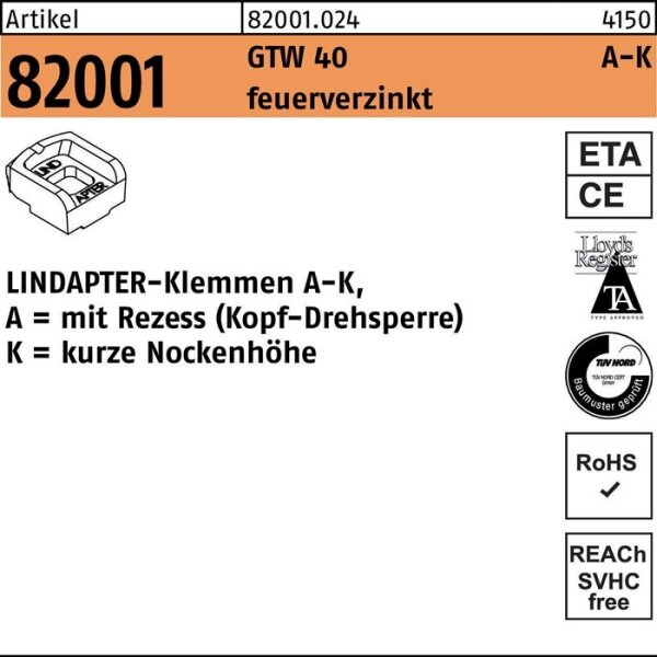 Lindapter Klemmen R 82001 GTW 40 KM 24 / 9,0 feuerverzinkt 1 Stück