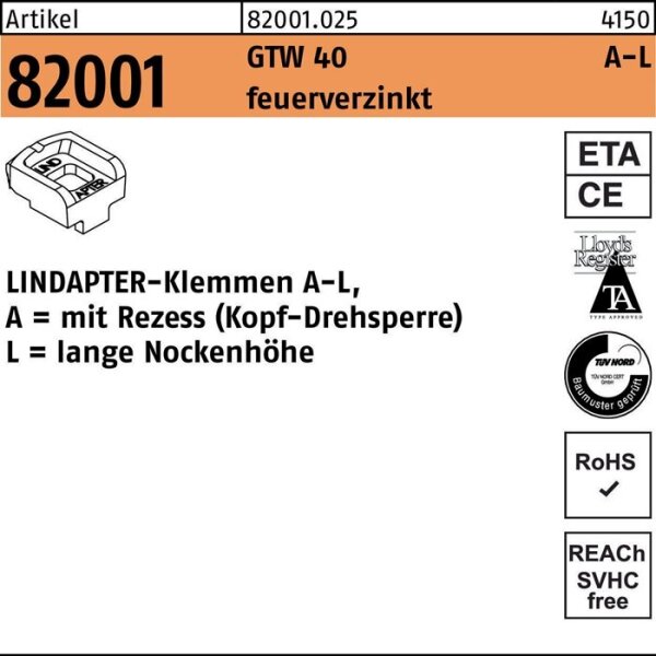 Lindapter Klemmen R 82001 GTW 40 LM 16 / 11,0 feuerverzinkt 1 Stück