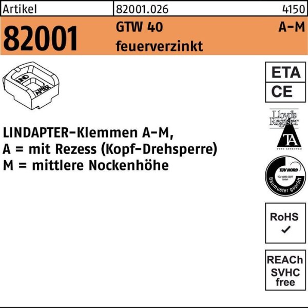 Lindapter Klemmen R 82001 GTW 40 MM 20 / 10,0 feuerverzinkt 1 Stück