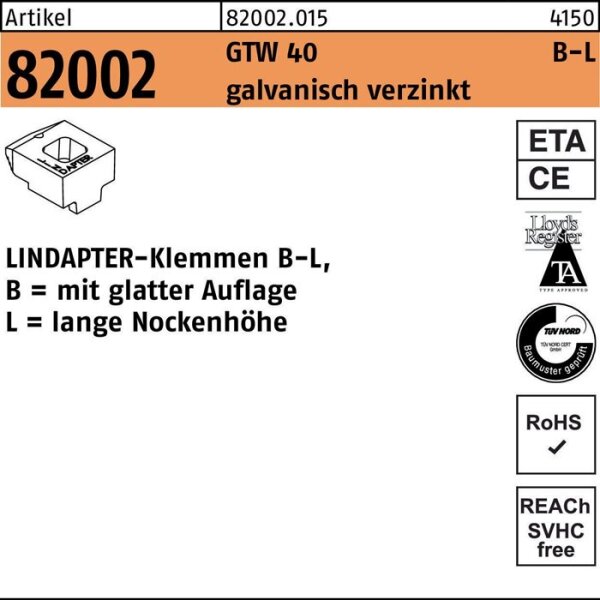 Lindapter Klemmen R 82002 GTW 40 LM 16 / 11,0 galvanisch verzinkt 1 Stück
