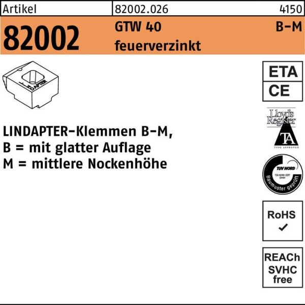 Lindapter Klemmen R 82002 GTW 40 MM 16 / 8,0 feuerverzinkt 1 Stück