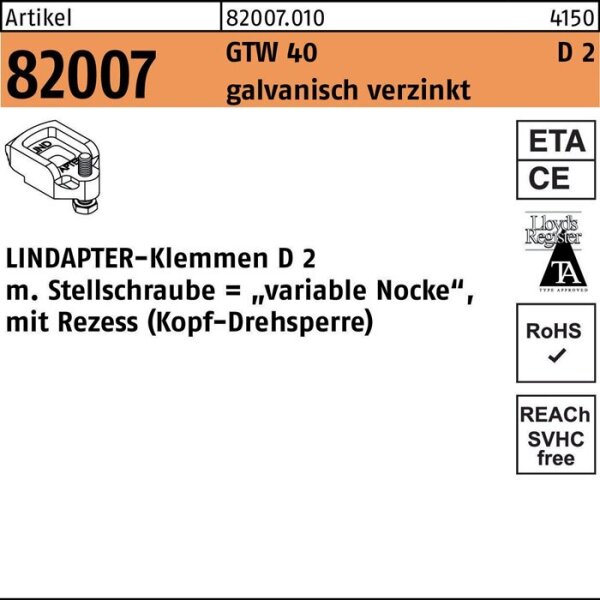 Lindapter Klemmen R 82007 GTW 40 D2 M 20 / 17 - 24 galvanisch verzinkt 1 Stück