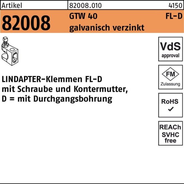 Lindapter Klemmen R 82008 GTW 40 FL-D FL 1 - D 9 galvanisch verzinkt 1 Stück