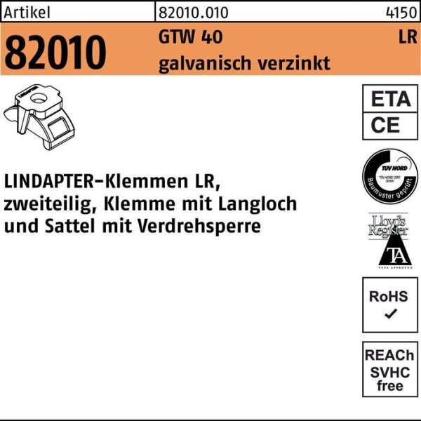 Lindapter Klemme R 82010 GTW 40 LR M 12 / 3 - 12 galvanisch verzinkt 1 Stück