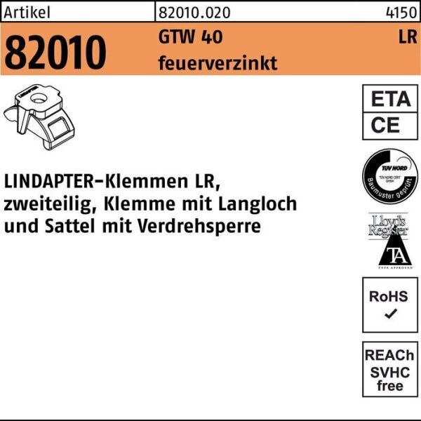 Lindapter Klemme R 82010 GTW 40 LR M 24 / 3 - 24 feuerverzinkt 1 Stück