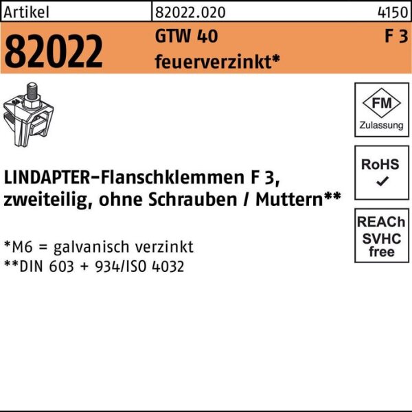 Lindapter Flanschklemme R 82022 GTW 40 F 3 M 10 / 30 feuerverzinkt 1 Stück