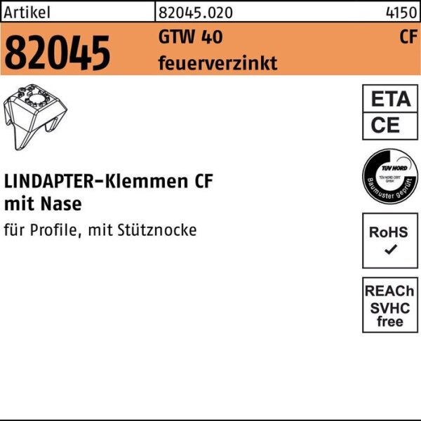 Lindapter Klemme R 82045 GTW 40 CF M 16 Sphäroguß feuerverzinkt für LINDAPTER-Klemmen CF mit Nase 1 Stück