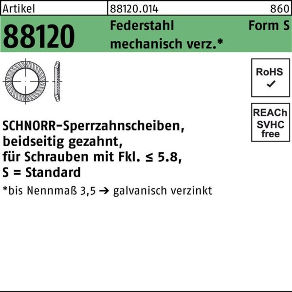 Schnorr Sperrzahnscheibe R 88120 beidseitig gezahnt S 3 x 5,5x0,45 Federstahl mechanisch verzinkt 2000 Stück