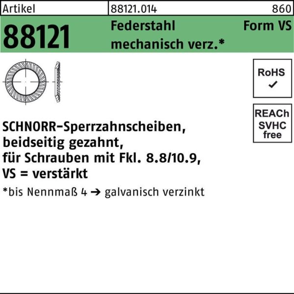 Schnorr Sperrzahnscheibe R 88121 beidseitig gezahnt VS 8 x13 x1,2 Federstahl mechanisch verzinkt 250 Stück
