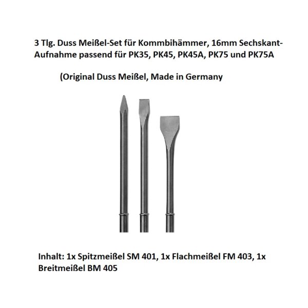 Duss Meißel-Set best. aus 1 St. Spitzmeißel SM401-400 mm, 1 St. Flachmeißel FM406-400 mm + 1 St. Breitmeißel BM 405-350 mm