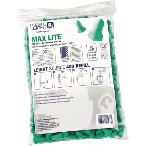 Honeywell howard leight Gehörschutzstöpsel MAXIMUM LITE REFILL LS400 EN352:2020 SNR 34 dB Nachfüllpack 200 Paar / Pack