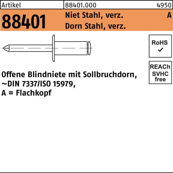 Blindniete R 88401 FLAKO 5x8 Niet Stahl verz./Dorn Stahl verz. 500St.