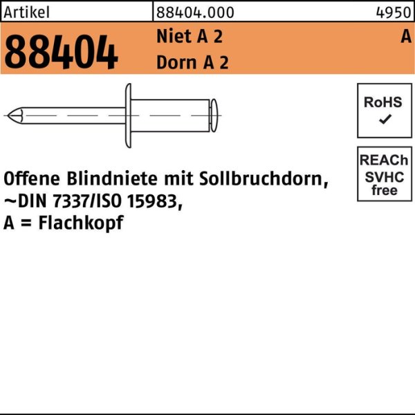 Blindniete R 88404 FLAKO 5x 16 Niet A 2/Dorn A 2 500 Stück