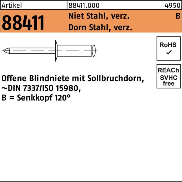 Blindniete R 88411 SEKO 5x14 Niet Stahl verz./Dorn Stahl verz. 500St.