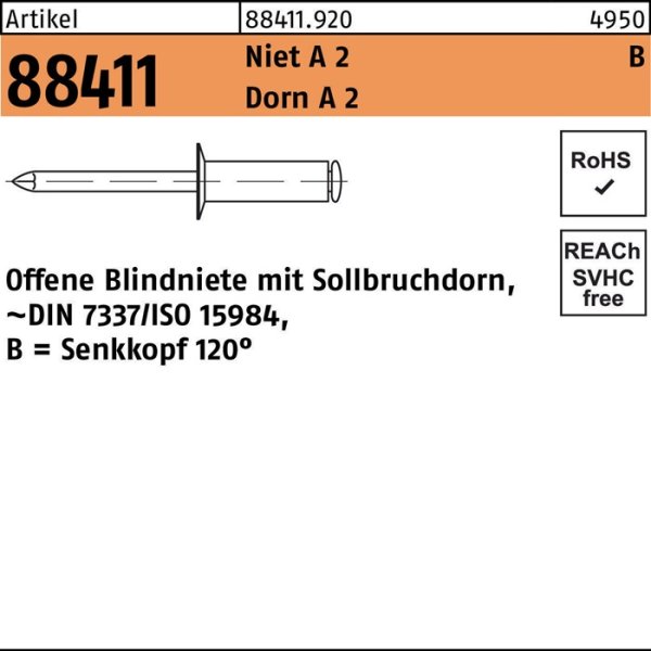 Blindniete R 88411 SEKO B 5x 16 Niet A 2/Dorn A 2 500 Stück