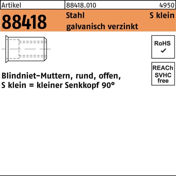 Blindnietmutter R 88418 SEKO M6 /0,25-3,5 Stahl galv.verz. 250St.