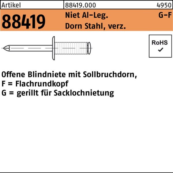 Blindniete R 88419 Flachrundkopf 4x16 Niet Aluminium/Dorn Stahl verz. 500St.