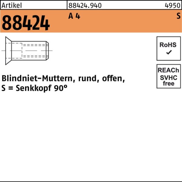Blindnietmutter R 88424 SEKO M8/4,0 - 6,0 A 4 100 Stück