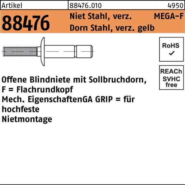 Blindniete R 88474 FLAKO 6,4x14,1 Niet Sta verz/Dorn Sta verz gelb 200St. GESIPA