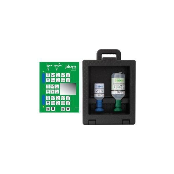 Plum Augenspülstation PLUM iBox 2 42,5 x 29 x 13,5 cm (B x H x T) je 1 x 200 ml Plum Eyewash pH Neutral 4.9 % Phosphate (4752) 500 ml Plum Eyewash 0,9 % Sodium Chloride (4604) Polypropylen schwarz