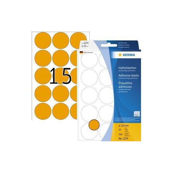 Herma Markierungspunkt HERMA 32mm Papier leuchtorange 360 Etik./Pack.