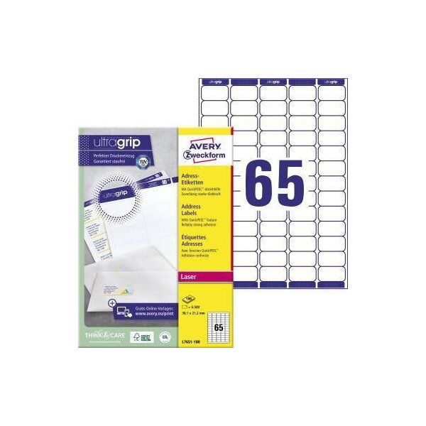 Avery zweckform Adressetikett Avery Zweckform ultragrip 38,1 x 21,2 mm (B x H) Papier weiß 6.500 Etik./Pack.