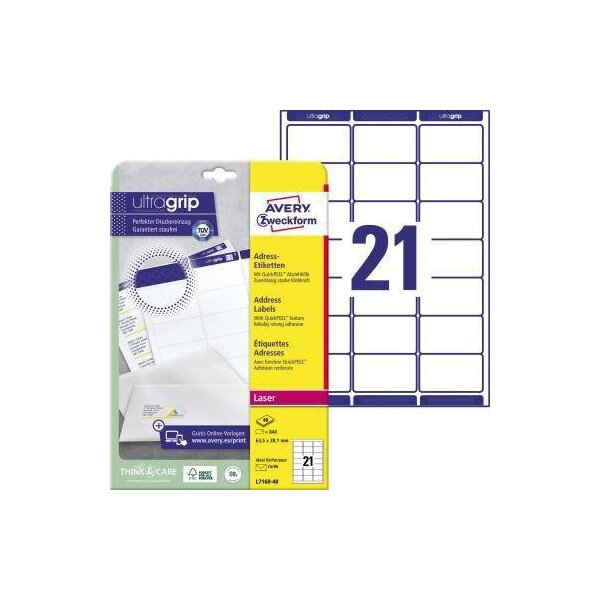 Avery zweckform Adressetikett Avery Zweckform ultragrip 63,5 x 38,1 mm (B x H) Papier weiß 840 Etik./Pack.