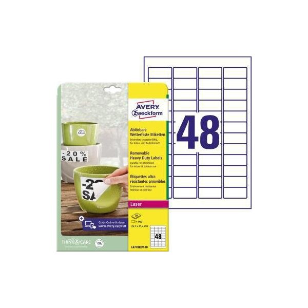 Avery zweckform Folienetikett Avery Zweckform 45,7 x 21,2 mm (B x H) weiß 960 Etik./Pack.