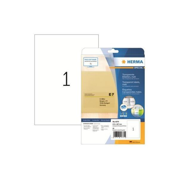 Herma Folienetikett HERMA 210 x 297 mm (B x H) transparent 25 Etik./Pack.