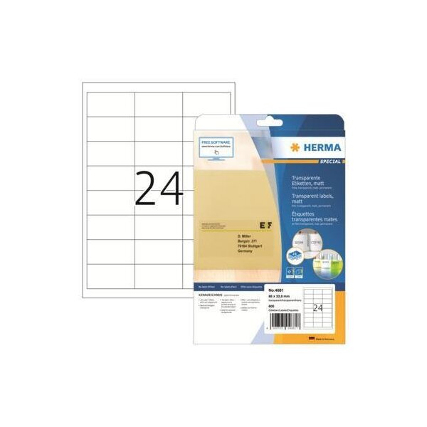 Herma Folienetikett HERMA 66 x 33,8 mm (B x H) transparent 600 Etik./Pack.