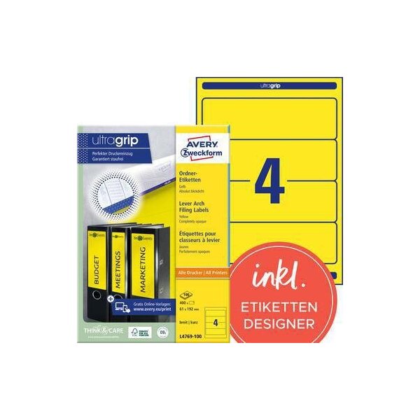 Avery zweckform Ordnerrückenetikett Avery Zweckform ultragrip breit/kurz 61 x 192 mm (B x H) selbstklebend ohne Griffloch gelb 400 Etik./Pack.