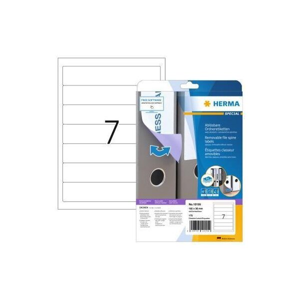 Herma Ordnerrückenetikett HERMA schmal/kurz 38 x 192 mm (B x H) selbstklebend ohne Griffloch weiß 175 Etik./Pack.
