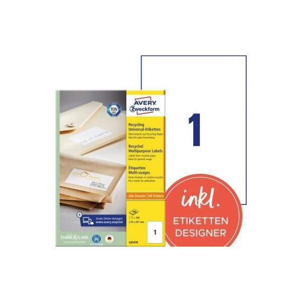 Avery zweckform Universaletikett Avery Zweckform Recycling 210 x 297 mm (B x H) nicht wieder ablösbar 100 % Altpapier naturweiß 100 Etik./Pack.