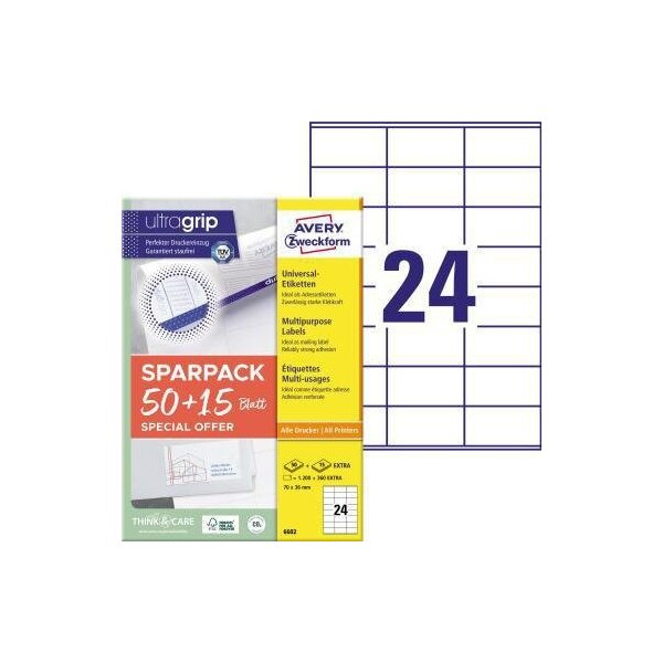 Avery zweckform Universaletikett Avery Zweckform ultragrip SPARPACK 50 + 15 Blatt 70 x 36 mm (B x H) nicht wieder ablösbar Papier weiß 1.560 Etik./Pack.