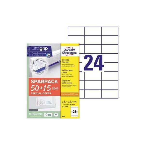 Avery zweckform Universaletikett Avery Zweckform ultragrip SPARPACK 50 + 15 Blatt 70 x 37 mm (B x H) nicht wieder ablösbar Papier weiß 1.560 Etik./Pack.
