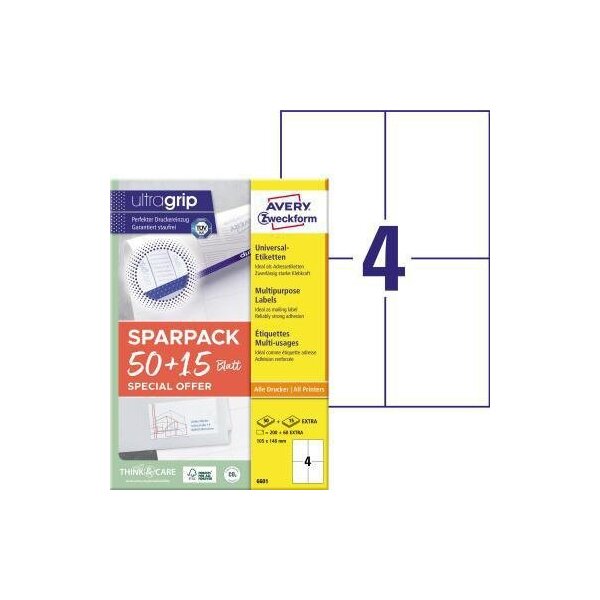 Avery zweckform Universaletikett Avery Zweckform ultragrip SPARPACK 50 + 15 Blatt 105 x 148 mm (B x H) nicht wieder ablösbar Papier weiß 260 Etik./Pack.